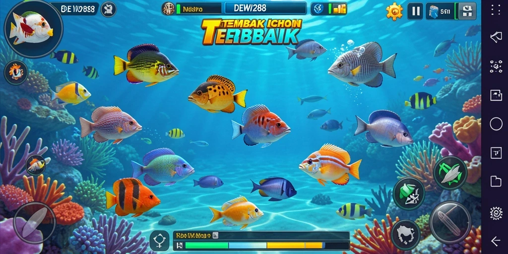 Screenshot gameplay DEWI288 menampilkan aksi menembak ikan yang intens.