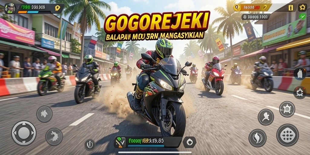 Screenshot gameplay GOGOREJEKI yang menunjukkan aksi balapan motor yang seru.