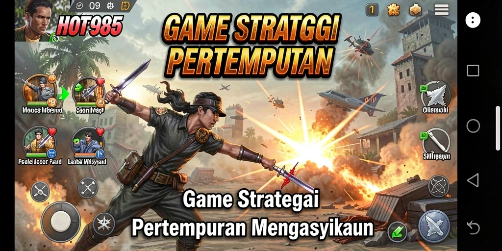 Screenshot HOT985 menampilkan aksi pertempuran yang intens dan strategi SLG.