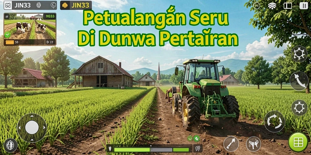 Tangkapan layar JIN33 menampilkan ladang hijau dengan tanaman subur dan hewan ternak.
