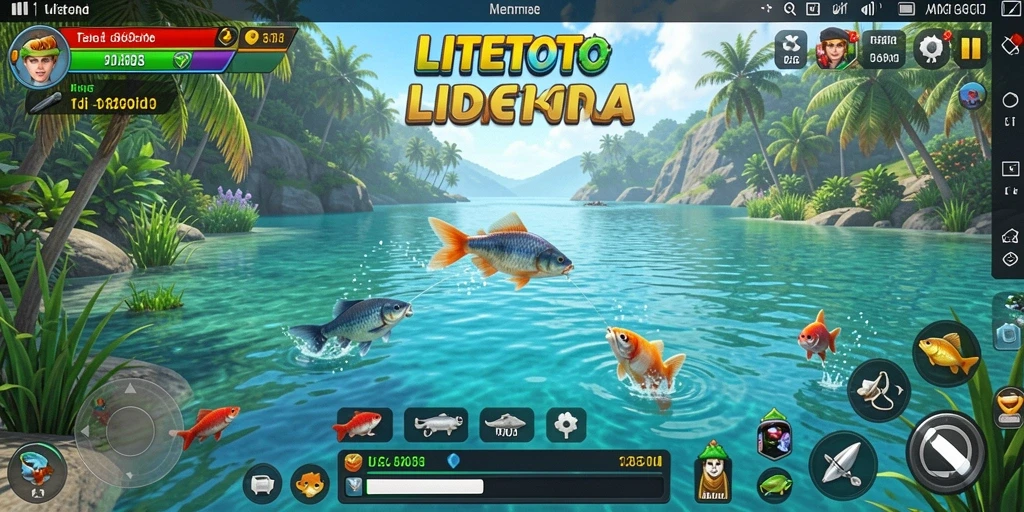 Screenshot menunjukkan pemain menangkap ikan di lokasi memancing yang indah.