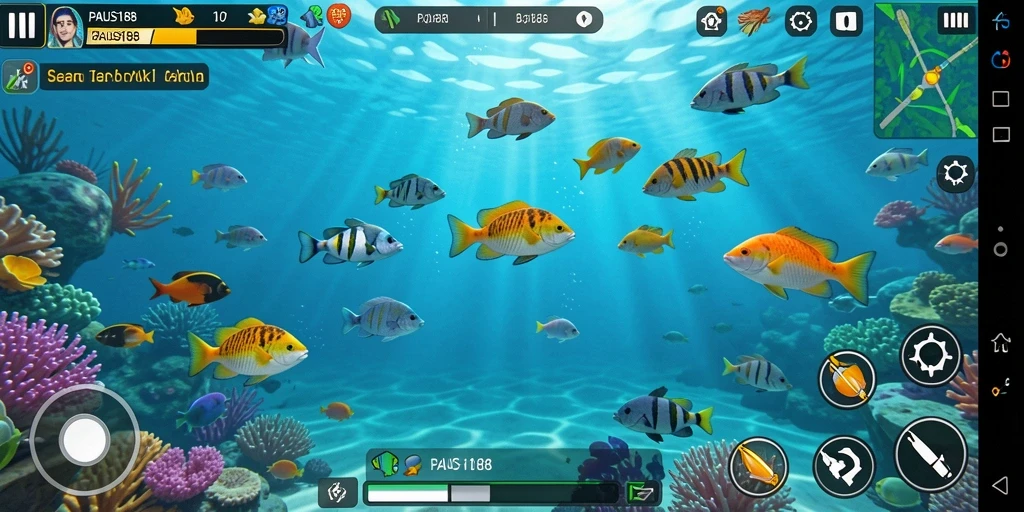 Tampilan gameplay seru dalam PAUS188 dengan aksi menangkap ikan.