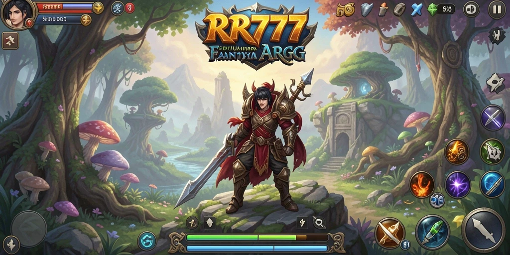 Tampilan seru gameplay ARPG di RR777 dengan karakter dan monster fantastis.