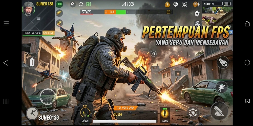 Screenshot utama SUNEO138 menampilkan aksi tembak-menembak yang seru.